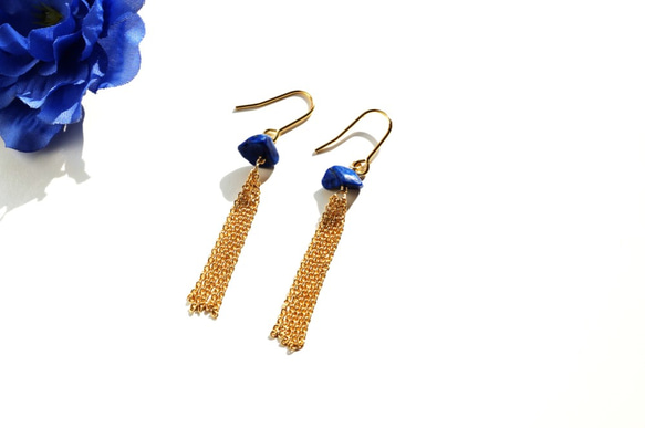 ラピスラズリ オリエンタル チェーン ピアス Lapis Lazuli Oriental earrings P0043 1枚目の画像