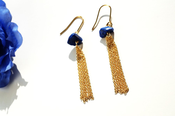 ラピスラズリ オリエンタル チェーン ピアス Lapis Lazuli Oriental earrings P0043 3枚目の画像