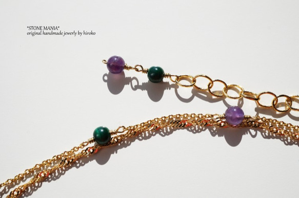 ♡Double♡malachite&amethyst♡necklace♡アメジスト＆マラカイトの天然石ネックレス 4枚目の画像