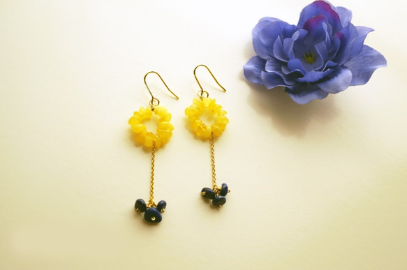 ラピスラズリ＆琥珀 ピアス Bonheur Amber&Lapis earrings P0035 2枚目の画像