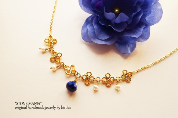 ♡Petit Noël♡Lapis&Pearl♡necklace♡天然石ラピスラズリ12月誕生石ネックレス 2枚目の画像