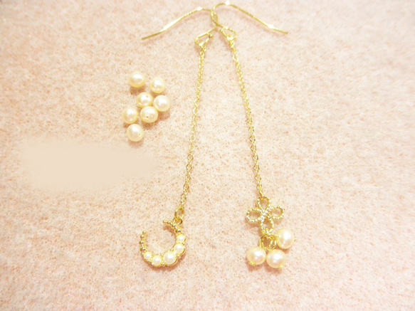 月亮和珍珠不對稱耳環 Moon&Pearl Asymmetry earrings P0071 第1張的照片