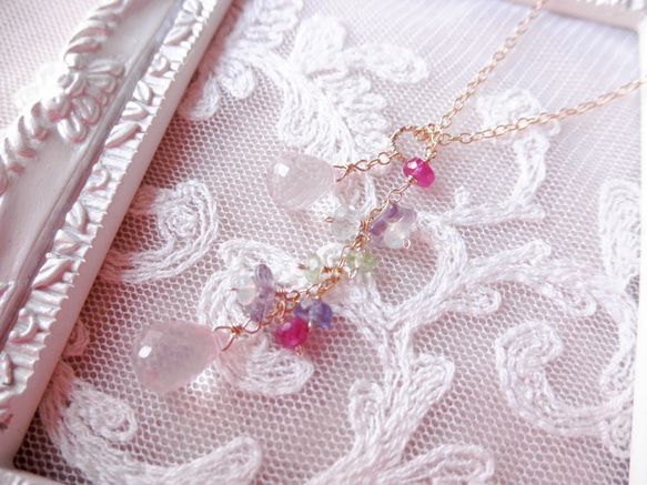 【残り1点】花畑ネックレス 2way ローズクォーツ Rose quartz necklace（14kgf） N0015 1枚目の画像