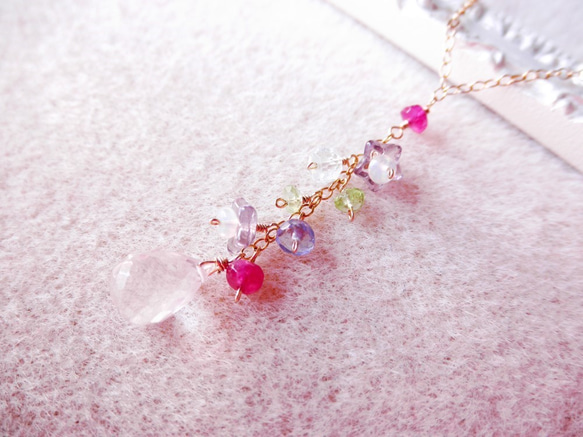 【残り1点】花畑ネックレス 2way ローズクォーツ Rose quartz necklace（14kgf） N0015 4枚目の画像
