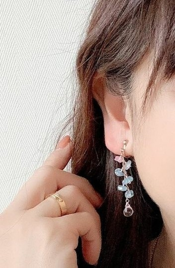 レディー ブルー＆ピンク アクアマリン ピアス Lady blue&pink earrings P0032 2枚目の画像
