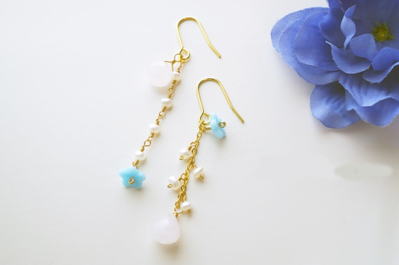 天然石 ローズクォーツ＆真珠ピアス Principessa Rose Quartz earrings  P0029 3枚目の画像