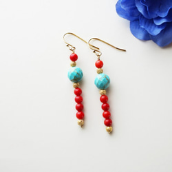 松石＆珊瑚 刺穿 Turquoise&Coral earrings P0027 第2張的照片