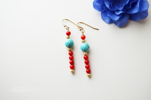 松石＆珊瑚 刺穿 Turquoise&Coral earrings P0027 第2張的照片