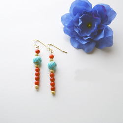 松石＆珊瑚 刺穿 Turquoise&Coral earrings P0027 第3張的照片