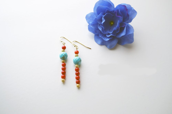 松石＆珊瑚 刺穿 Turquoise&Coral earrings P0027 第3張的照片