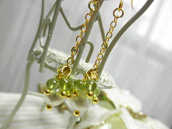 ♡橄欖石×淡水珍珠♡Yurari耳環♡ 第3張的照片