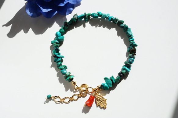 綠松石手鍊（Turquoise＆Coral）天然石Turquoise bracelet Holy Hamsa B0039 第1張的照片