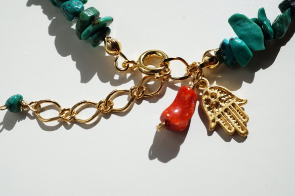 ターコイズ＆コーラル 天然石 ブレスレット Turquoise bracelet Holy Hamsa B0039 4枚目の画像