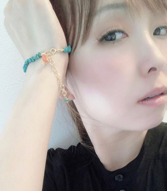 綠松石手鍊（Turquoise＆Coral）天然石Turquoise bracelet Holy Hamsa B0039 第6張的照片