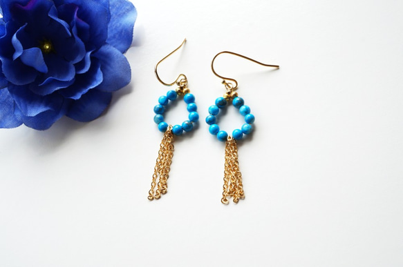 ターコイズのフリンジピアス Turquoise frindge earrings P0058 1枚目の画像