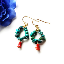 綠松石和珊瑚珊瑚耳環 Turquoise&Choral earrings  P0056 第1張的照片