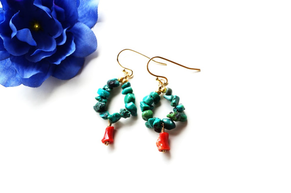 綠松石和珊瑚珊瑚耳環 Turquoise&Choral earrings  P0056 第1張的照片