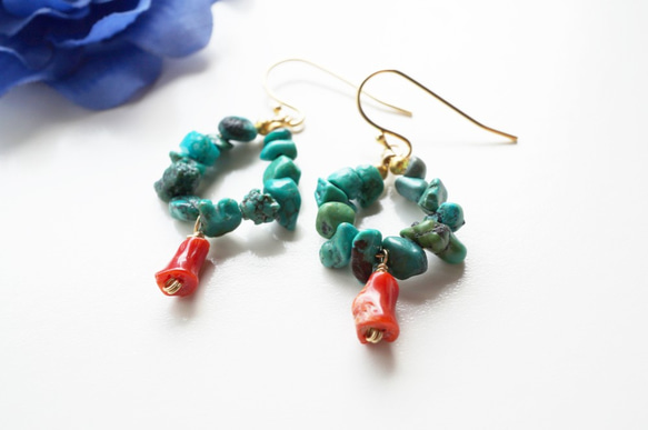 ターコイズ＆珊瑚コーラルピアス Turquoise&Choral earrings  P0056 2枚目の画像