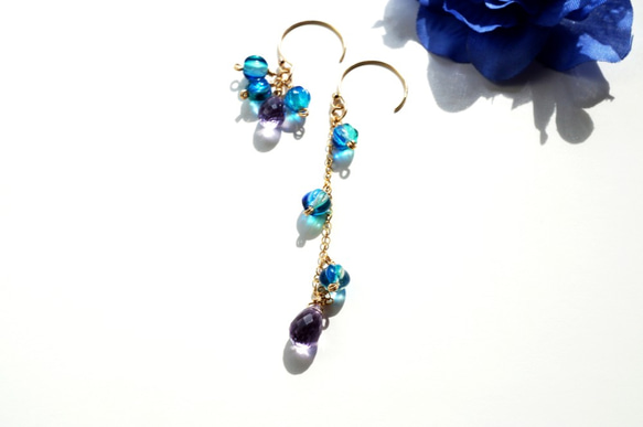 アクアンパープルダブルピアス Aquan Purple double earrings(14kgf) P0053 1枚目の画像