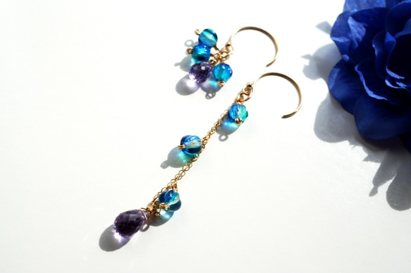 アクアンパープルダブルピアス Aquan Purple double earrings(14kgf) P0053 2枚目の画像