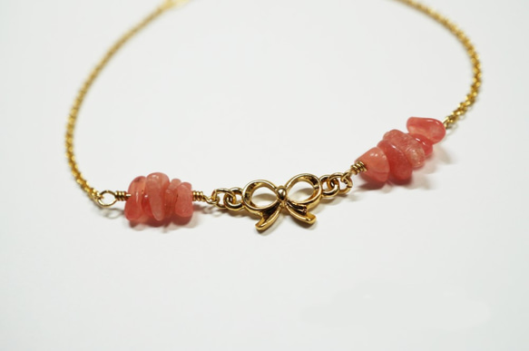 インカローズ＆ラブリーリボン ブレスレット　Rhodochrosite&Lovely Ribbon B0055 2枚目の画像