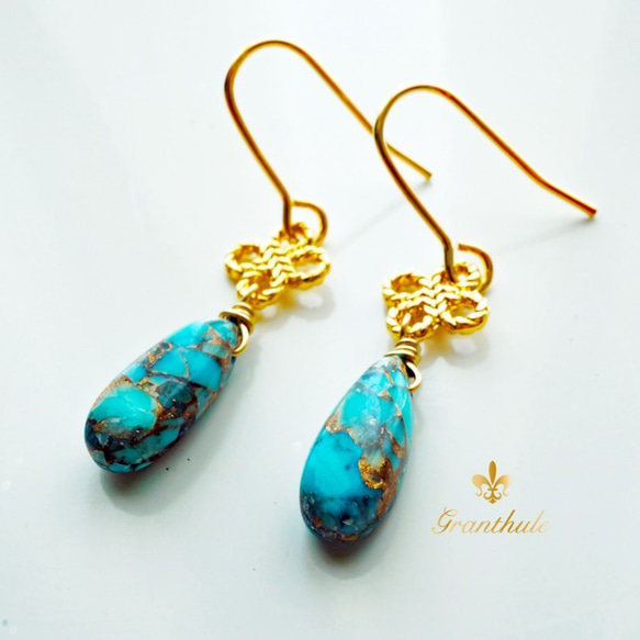 【18K変更可】ブルーコッパーターコイズピアス　Blue Copper Turquoise P0006 3枚目の画像