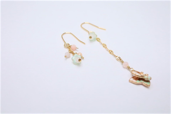 【18K変更Little Butterfly & Flowers & Pink Opal earrings P0005 第2張的照片