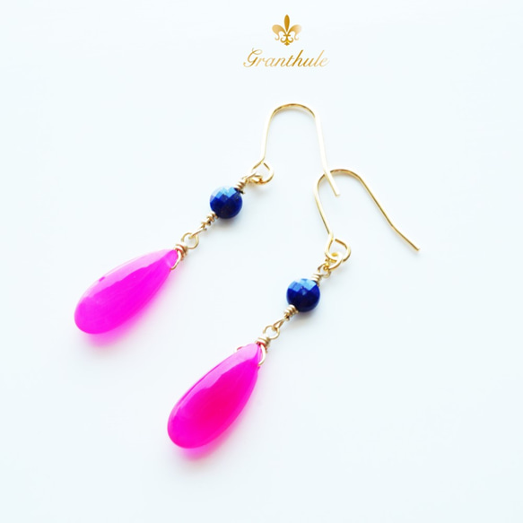 【18K変更可】ラピスラズリ＆フューシャカルセドニーピアス Lapis lazuli  P0004 4枚目の画像