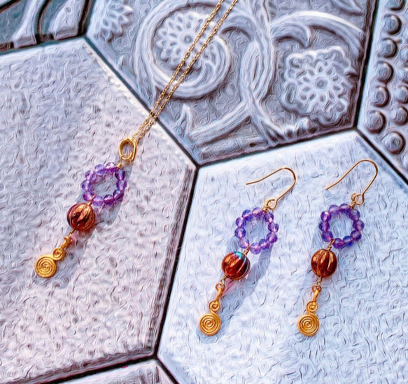 【18K変更可】らきらアメジストと渋色チェコメロンのピアス Autumn earrings P0001 3枚目の画像