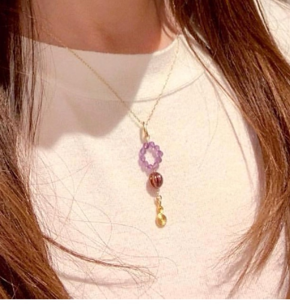 閃閃發光的紫水晶和澀的捷克甜瓜秋天顏色吊墜頂部 Twincle pendant T0001 第2張的照片