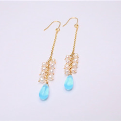 【18K変更可】マーメイド/淡水パールとミルキーアクアドロップピアス Mermaid earrings P0083 5枚目の画像