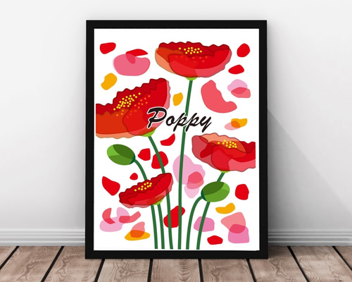 アートポスター：76流れと濃いピンク色のタチアオイ