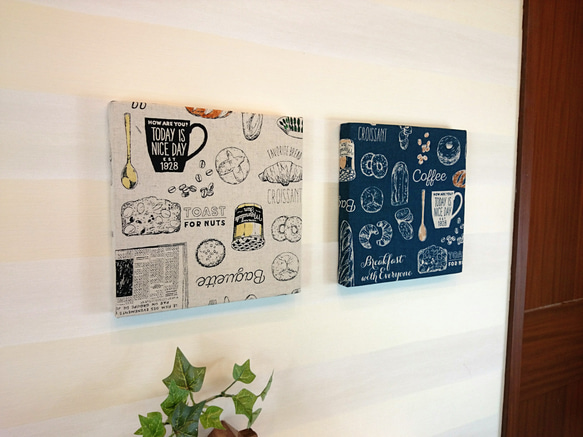 カフェ風朝ごはんのファブリックパネル(ネイビー&オフホワイト) 20cm×20cm  2枚セット 4枚目の画像