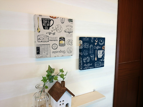 カフェ風朝ごはんのファブリックパネル(ネイビー&オフホワイト) 20cm×20cm  2枚セット 5枚目の画像