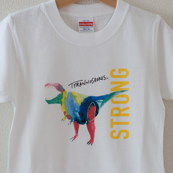 「STRONG」ティラノサウルスTシャツ（キッズ〜大人サイズ）/AT304-21 2枚目の画像