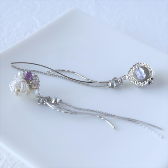 【再々販】花つぼみとパールの揺れるピアス［Silver Purple］／イヤリング変更可 8枚目の画像