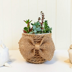 鉢カバーかご(S)＊大きなりぼんつき ＊麻ひも編み 一輪挿し・花瓶