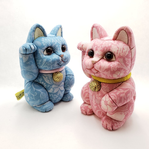 柿沼東光作 江戸木目込 招き猫 fabric 水色 その他人形 Kakinuma Toko 
