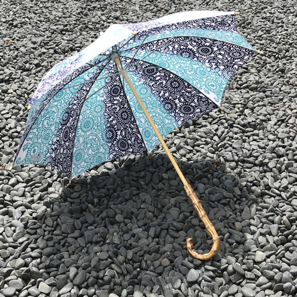 注染手ぬぐい生地使用　日傘（伊勢菊・青×ターコイズ） 3枚目の画像
