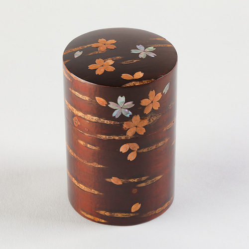 故荒川慶一氏の作樺細工伝統工芸品総皮茶筒茶入れ国産品
