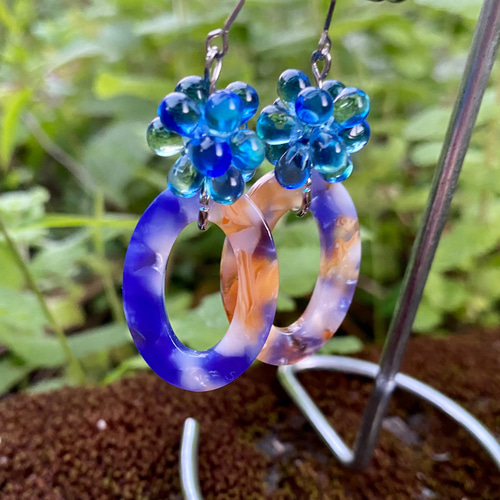 チェコガラスとべっ甲風ピアス/イヤリング(ブルー) ピアス（フック  