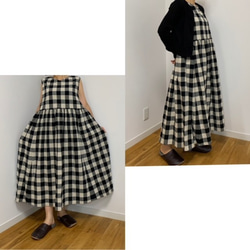 【sale】オシャレブロックチェック●黒●ワンピース●着丈122.5ｃｍ●綿麻●ヘアバンド付き 10枚目の画像