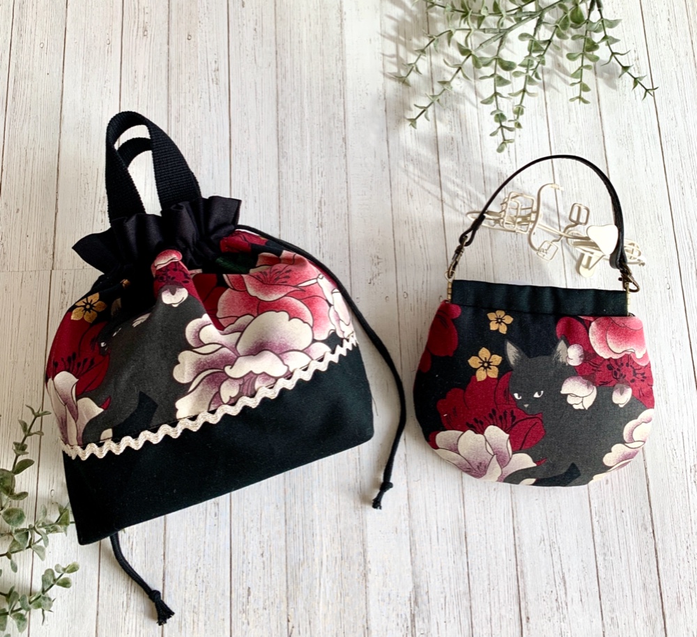 Creema限定♡福袋」バネポーチ&巾着バッグ＊黒猫 キルトゲイト ポーチ 