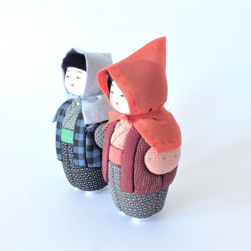 塩沢織木目込人形 雪ん子雪ん子(小)水色・ピンク頭巾 その他人形