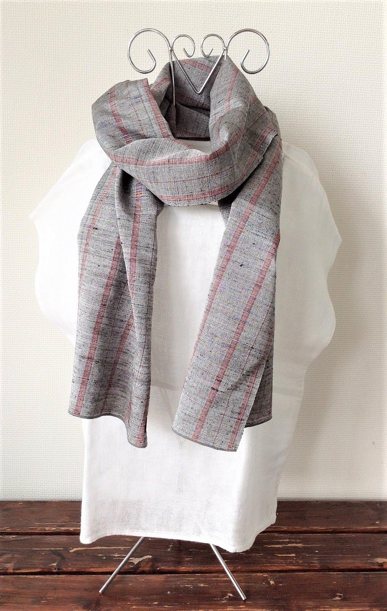 塩沢紬　ストール　縞（全通デザイン）　鼠地錆朱