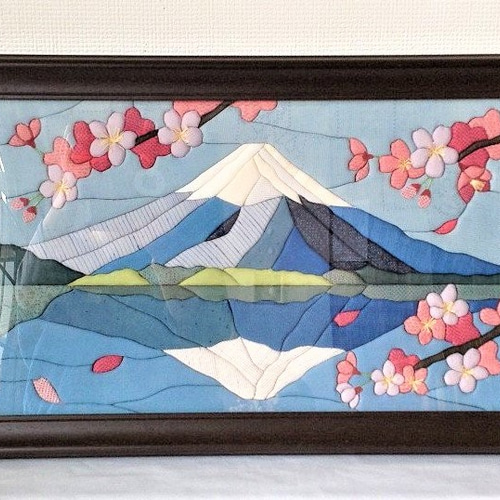 塩沢織木目込みパッチワーク 桜と逆さ富士 その他アート tsumugi