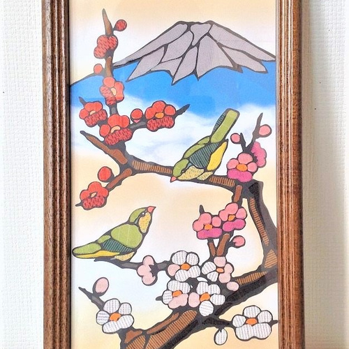 塩沢織 貼り絵 紅白梅と夫婦メジロ その他インテリア雑貨 tsumugi-kan