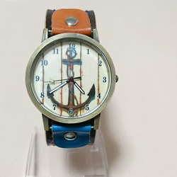 【手染め・手縫い】バイカラー腕時計blue×orange 1枚目の画像