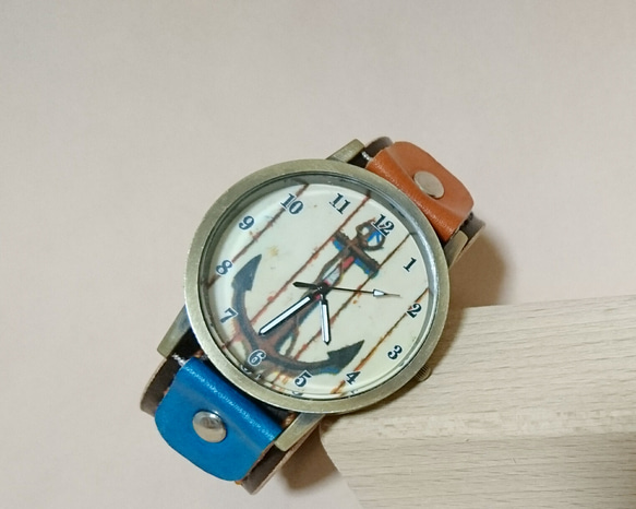 【手染め・手縫い】バイカラー腕時計blue×orange 2枚目の画像