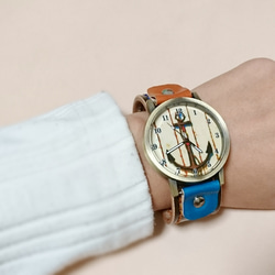 【手染め・手縫い】バイカラー腕時計blue×orange 5枚目の画像